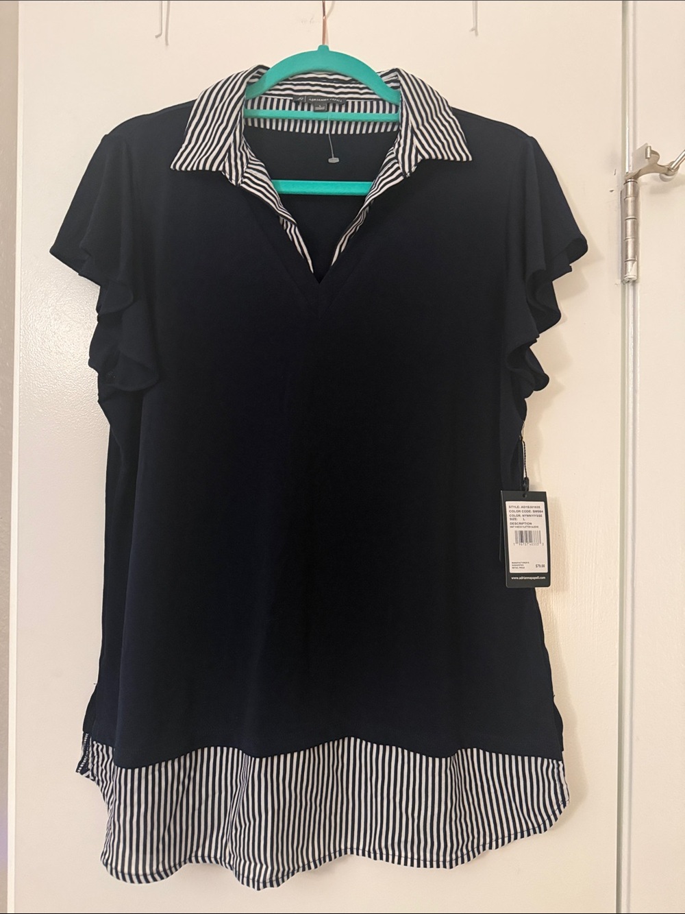 Adrianna Papell Blue Layered-Striped Blouse with Collar